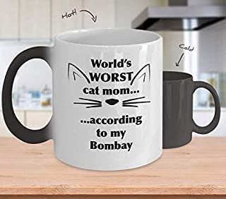 Bombay Cat Mom - Taza de cafe con diseno de gato que cambia de color para esposa- regalos para amantes de los gatos locos- padres de familia- regalos para ella- peor mama del mundo