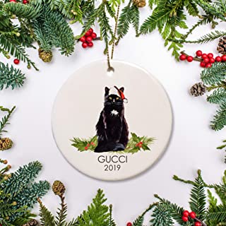PotteLove Black Bombay Long Hair Cat Christmas Ornament- Personalized Cat Ornament- For Cat Lover-Custom with Any Name and Date Porcelain Ceramic Ornament