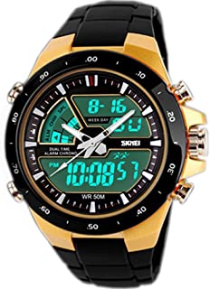 SunJas Reloj Deportivo para Hombres Resistente contra Agua de 50m Pulsera Digital con Luces Banda Desmontable de Multifunciones para Deportes Exteriores (Oro)