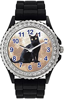 Timest - Gato de Bombay Reloj de Silicona Negro para Mujer con piedrecillas Analogico Cuarzo SG1777