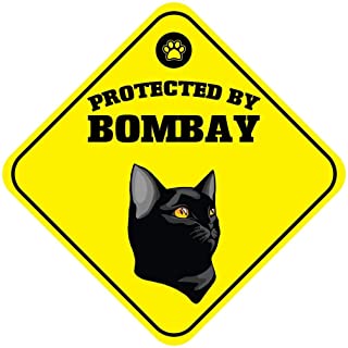 Tin Signs Caution Protected by Bombay Cat Crossing Yellow Diamond Metal Poster Plaques for Wall Funny Decoration Art Sign Gifts for Christmas - 12x12